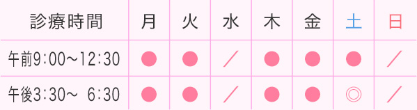 診療時間　月、火、木、金、（午前9時〜12時半、午後3時半〜6時半）　土、（午前9時〜12時半、午後2時〜5時）