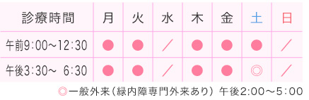 診療時間　月、火、木、金、（午前9時〜12時半、午後3時半〜6時半）　土、（午前9時〜12時半、午後2時〜5時）土曜の午後は緑内障専門外来あり